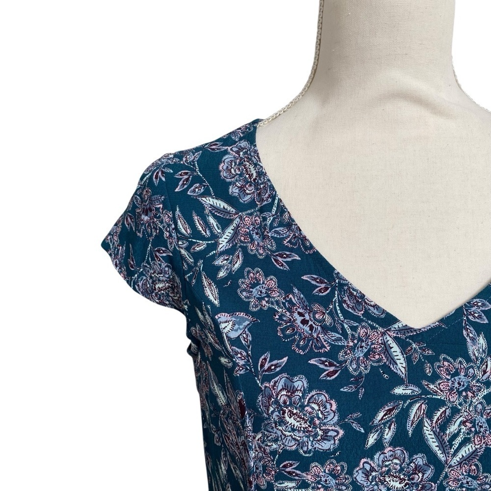 Garnet Hill Teal Floral Dress XS 0 V Neck Pleated Pockets Lined Viscose - Picture 4 of 15